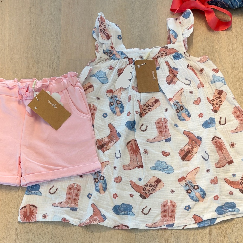 Angel Dear Pink Shorts and White Cowboy Print Dress Set